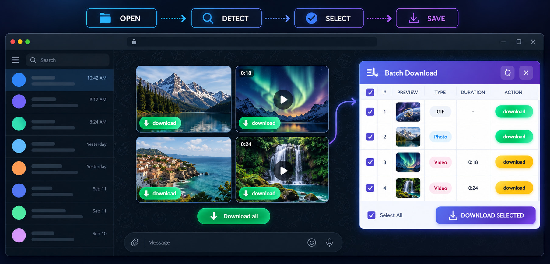 Telegram Downloader plugin workflow interface diagram: Open session, detect media, select files and save in bulk